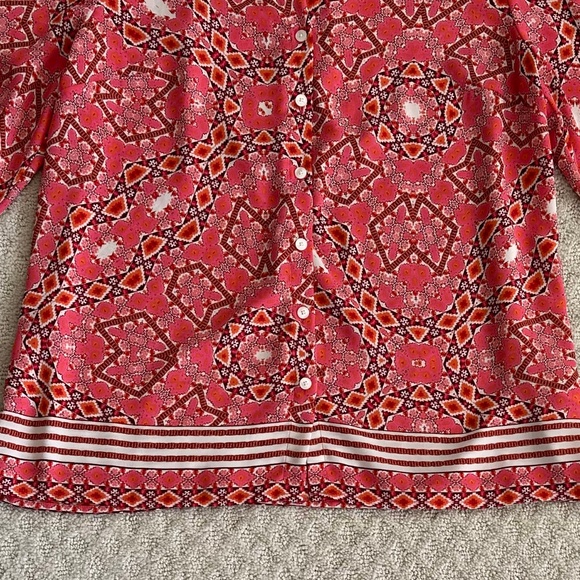 Talbots Split Neck Geometric Print Long Sleeve Blouse Coral/Pink MP Lightweight - Picture 3 of 12